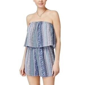 Ultra Flirt Strapless Romper Blue Boho Paisley Print Ruffle Tube Top M NWT